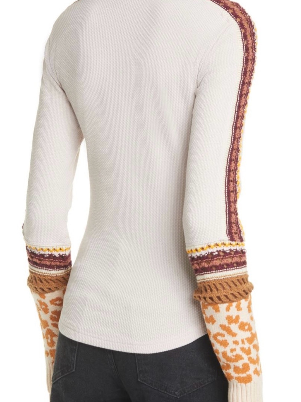 Free People Cream Sweater with Multicolor Striped & Animal-Print Sleeves